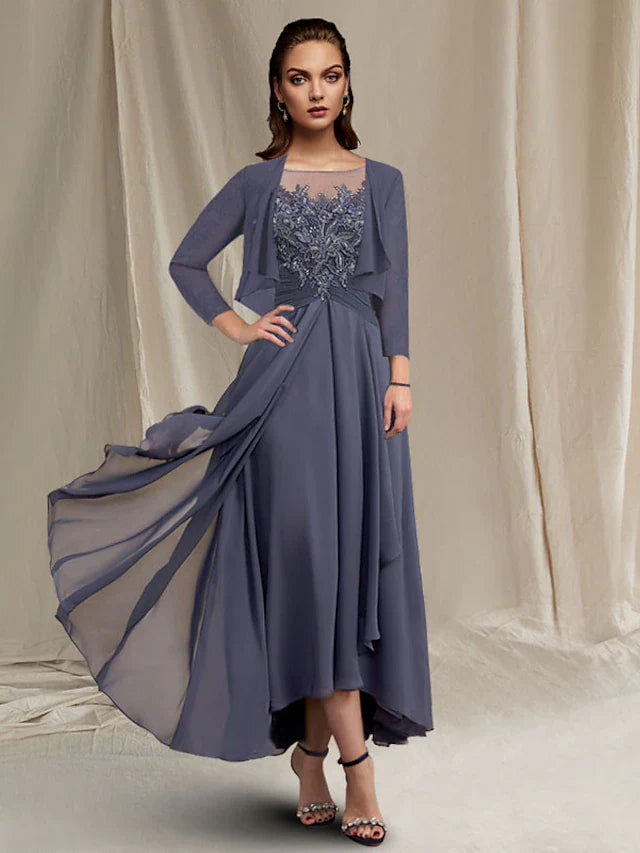 Wholesale Two Piece A-Line Mother of the Bride Dress Elegant High Low Jewel Neck Asymmetrical Tea Length Chiffon Lace 3/4 Length Sleeve Wrap Included with Sequin Appliques